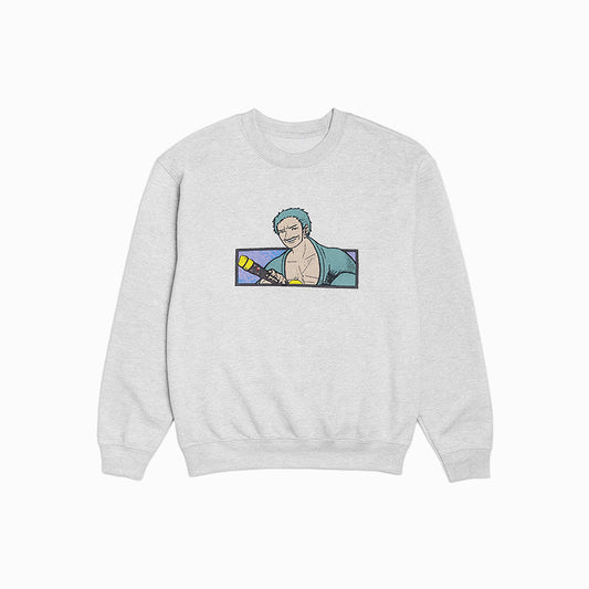 Gray sweatshirt with a graphic of a character holding a gun on a white background