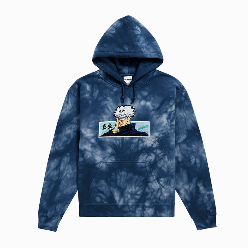 Blue tie-dye hoodie with a graphic design on a white background
