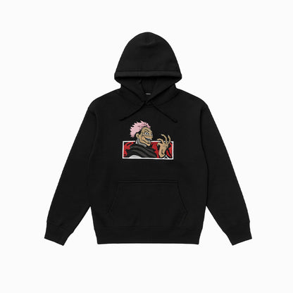 Black hoodie with a graphic design on a white background