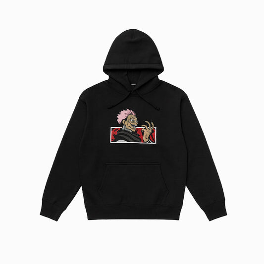 Black hoodie with a graphic design on a white background