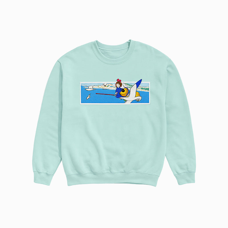Light blue sweatshirt with a colorful graphic on a white background