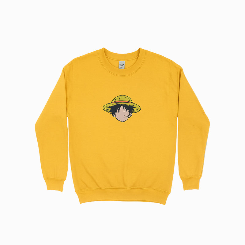 Yellow sweatshirt with a graphic design on a white background