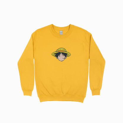 Yellow sweatshirt with a graphic design on a white background